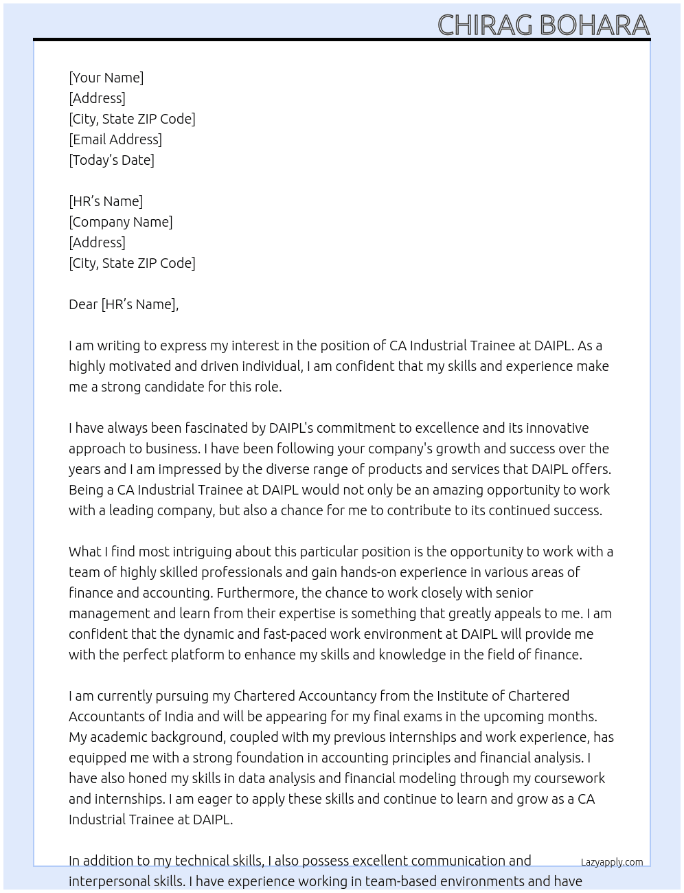 CA Industrial Trainee At DAIPL Cover Letter