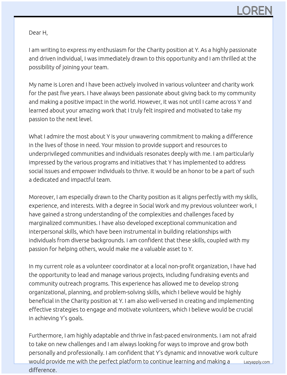 Cover letter for charity - LazyApply