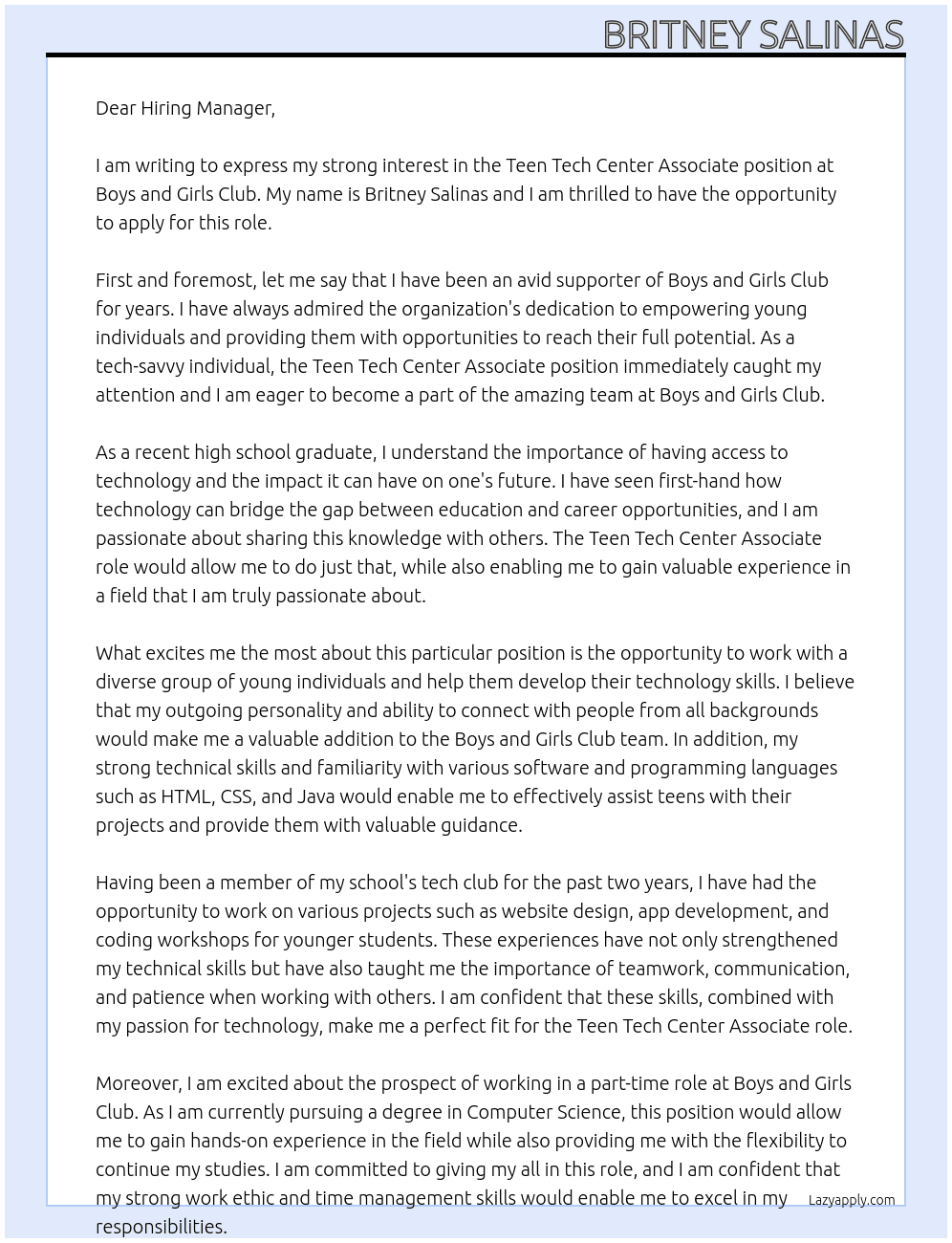 teen tech center associate At boys and girls club Cover Letter