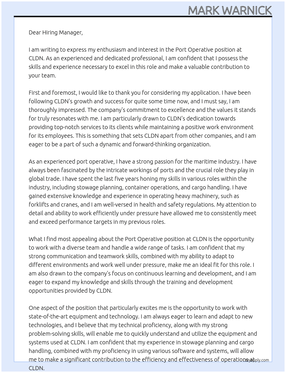 port operative At CLDN Cover Letter