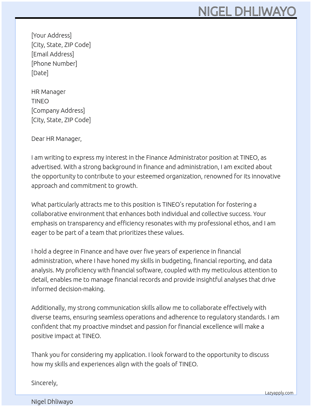 FINANCE ADMINISTRATOR At TINEO Cover Letter