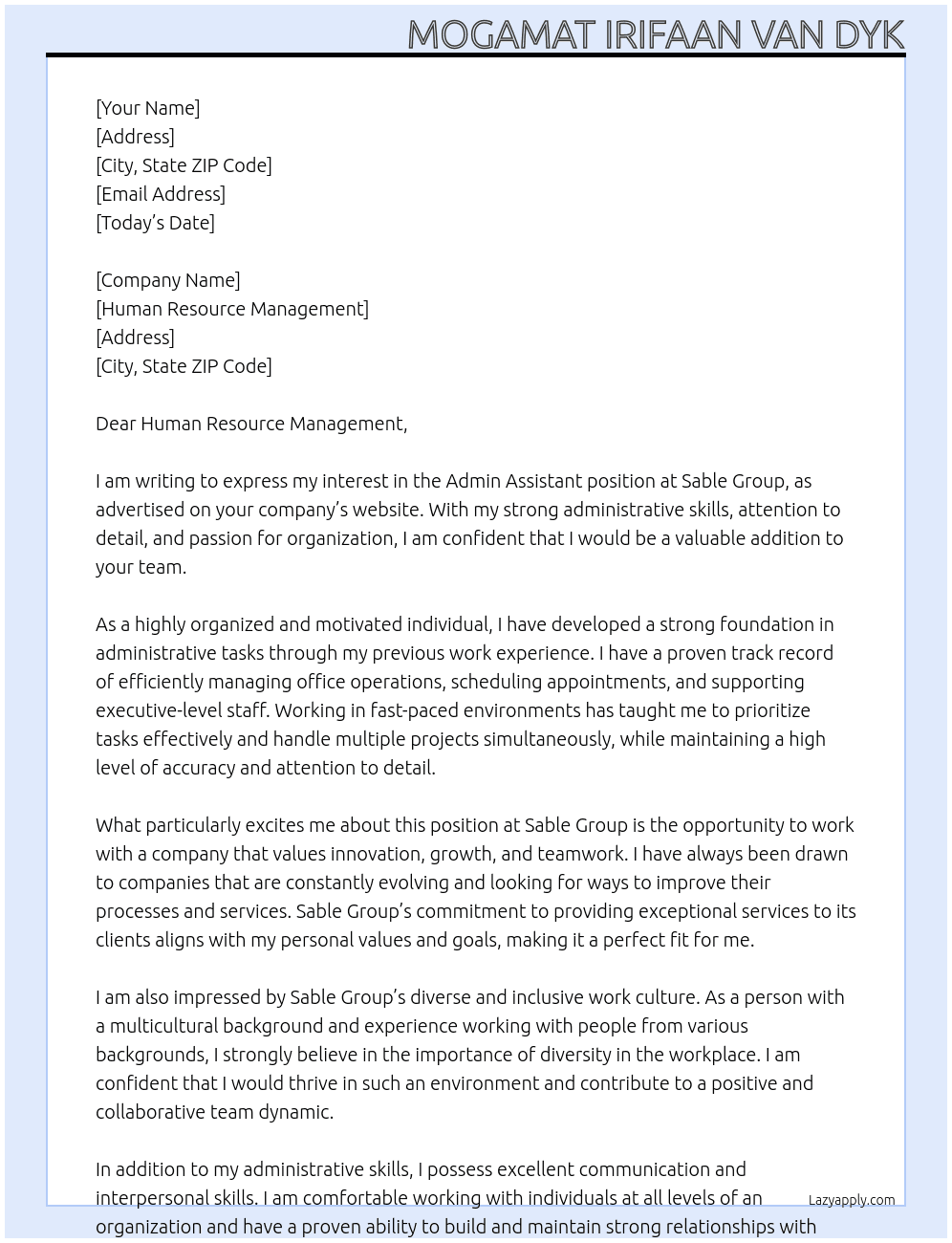Admin Assistant At Sable Group Cover Letter