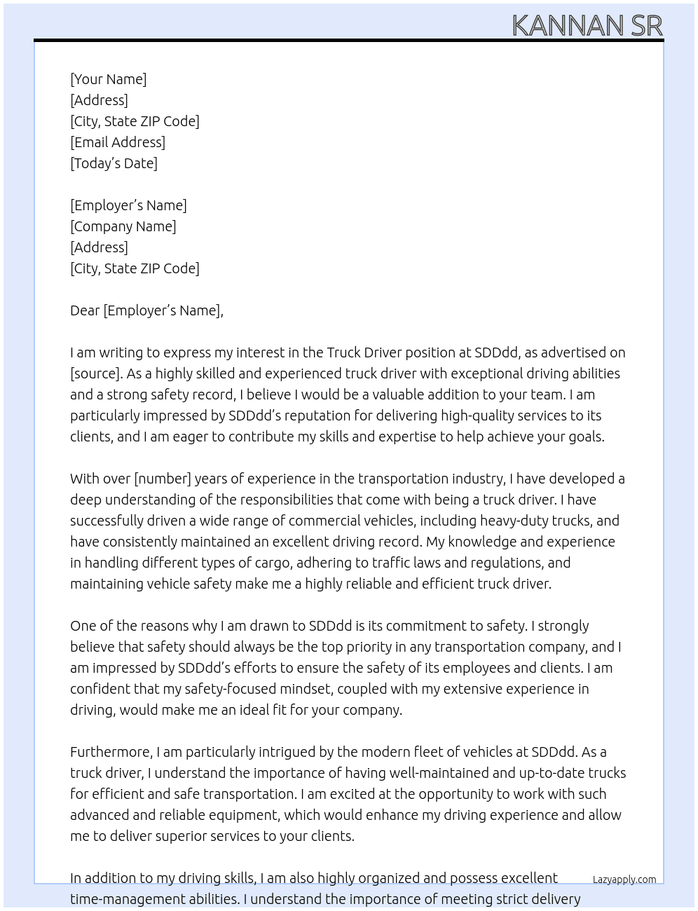Truck driver At SDDdd Cover Letter