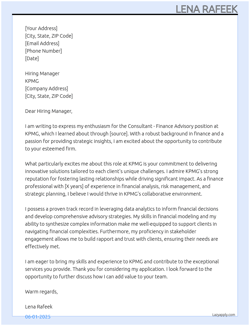 consultant - finance advisory At KPMG Cover Letter