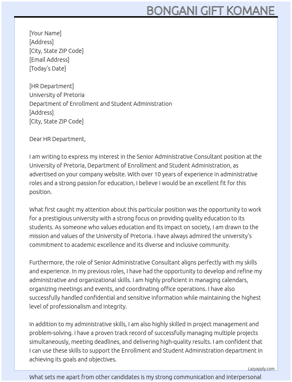 Cover letter for senior administrative consultant - LazyApply