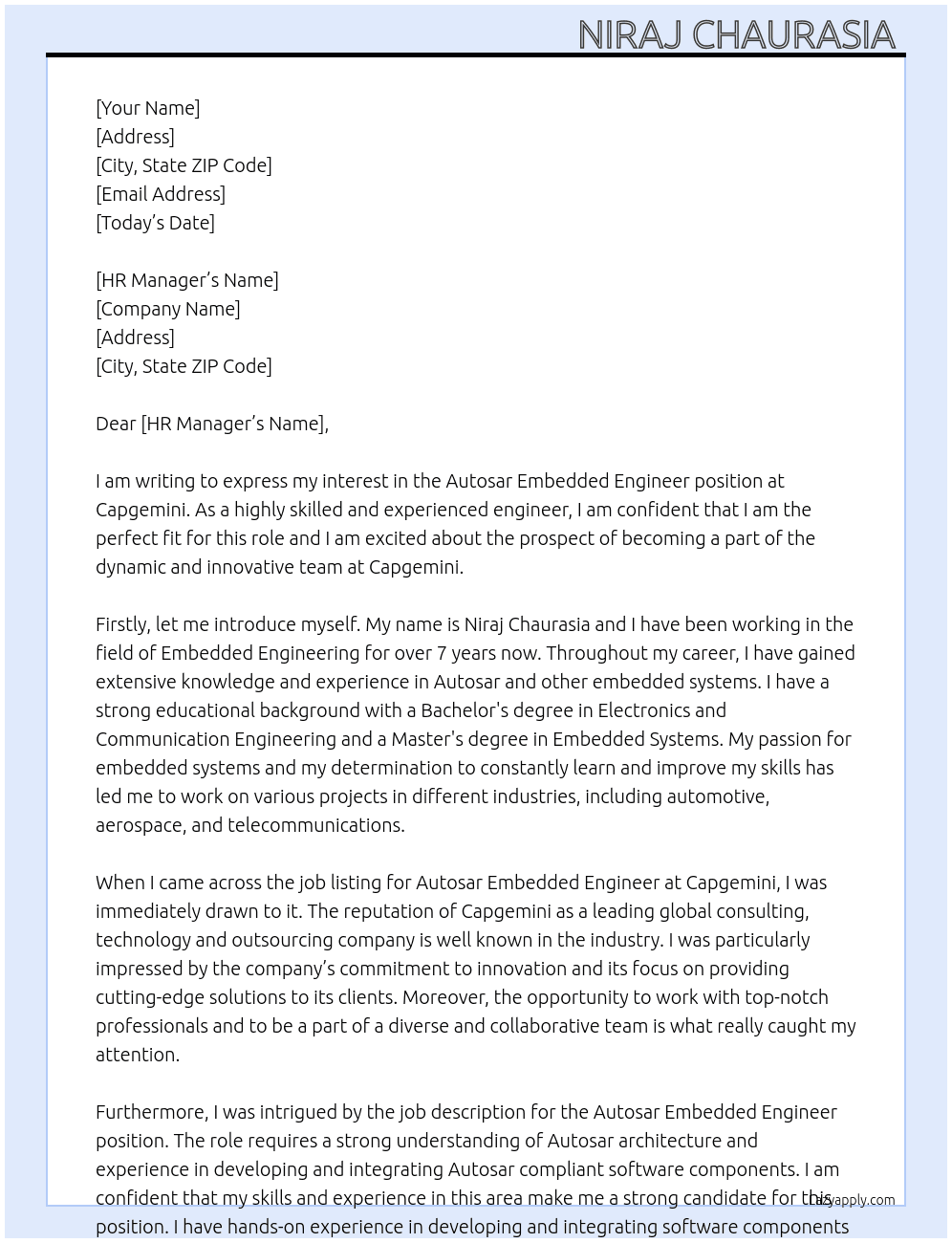 Cover letter for autosar embedded engineer - LazyApply