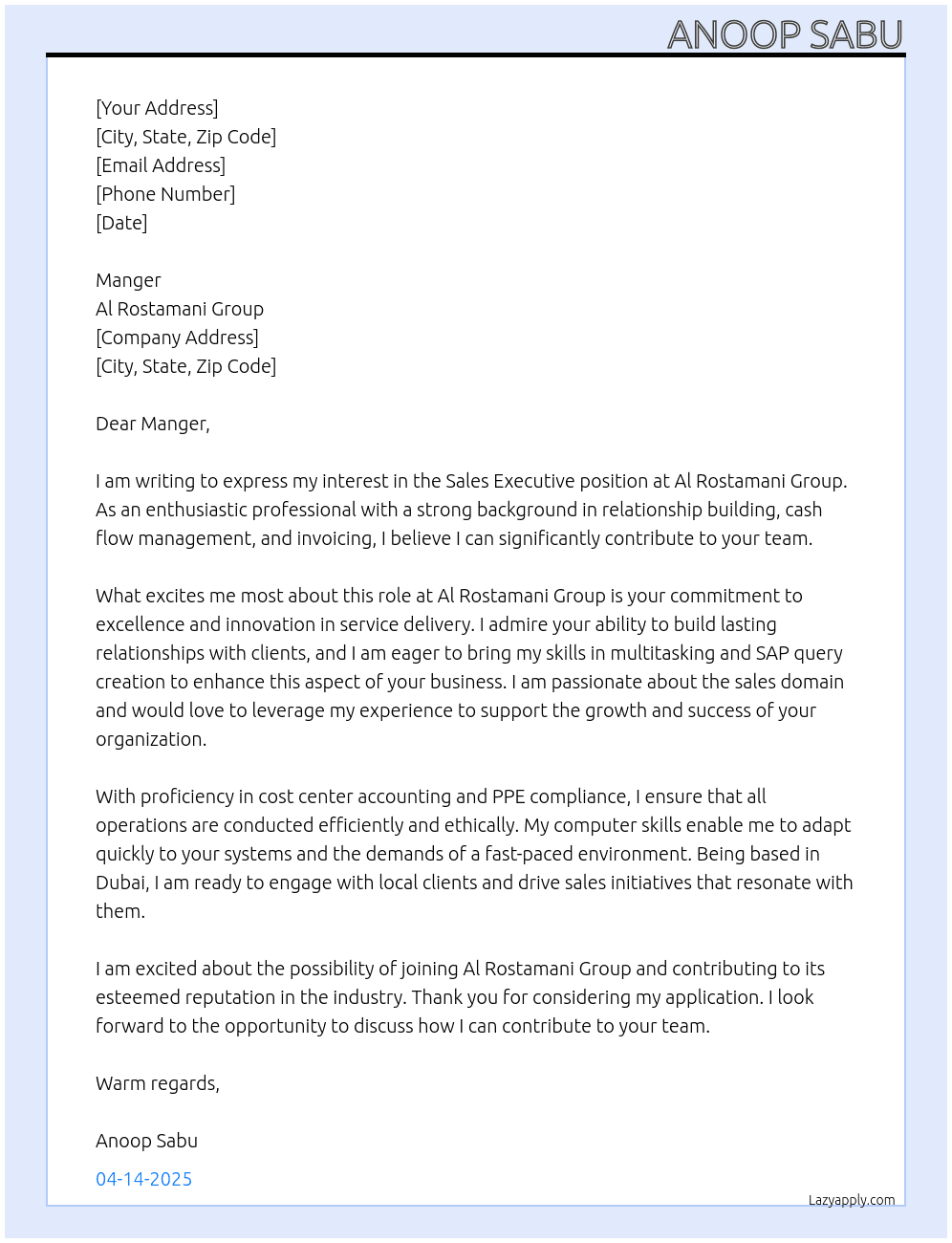 Sales executive At Al Rostamani Group  Cover Letter
