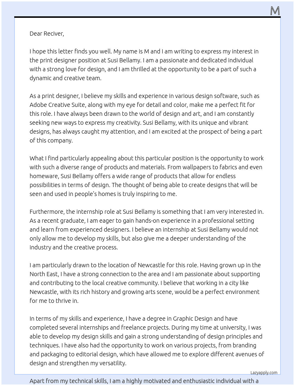  print designer At Susi Bellamy Cover Letter
