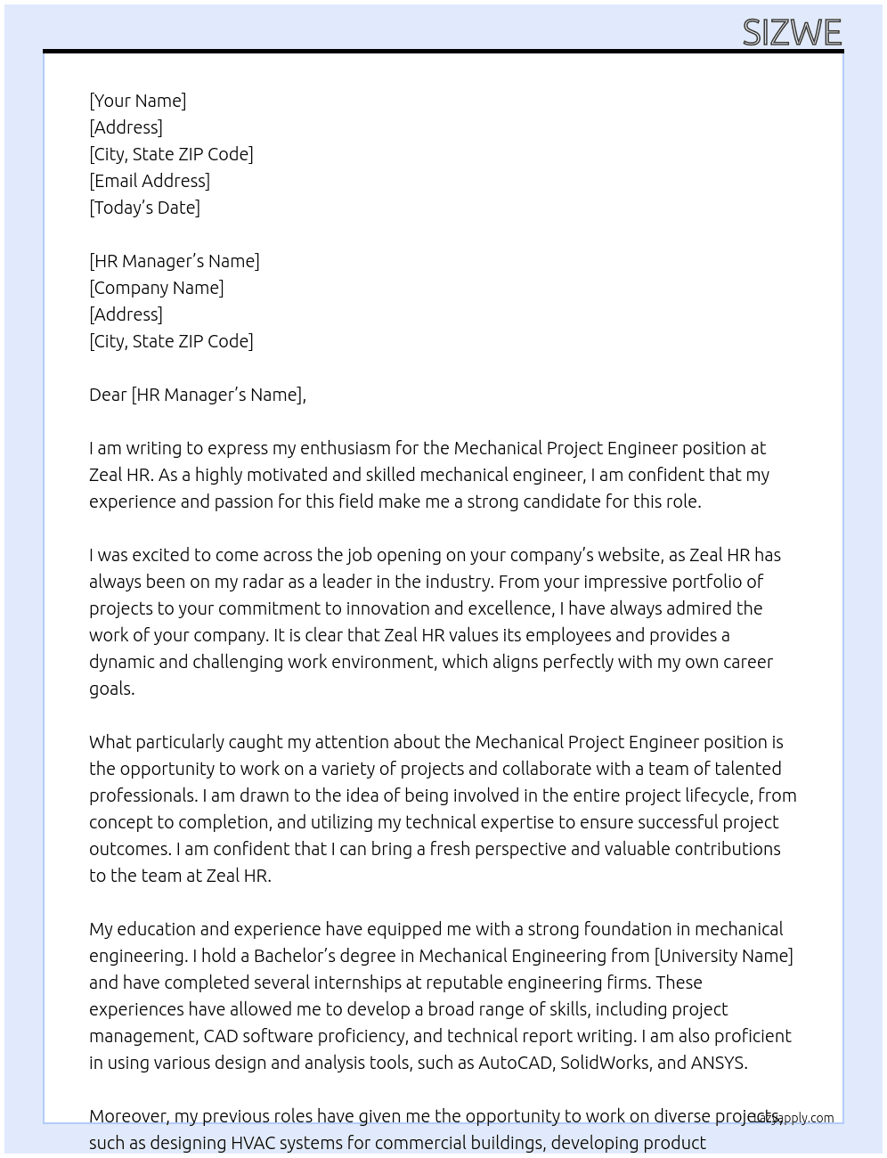 Mechanical Project Engineer At Zeal HR Cover Letter