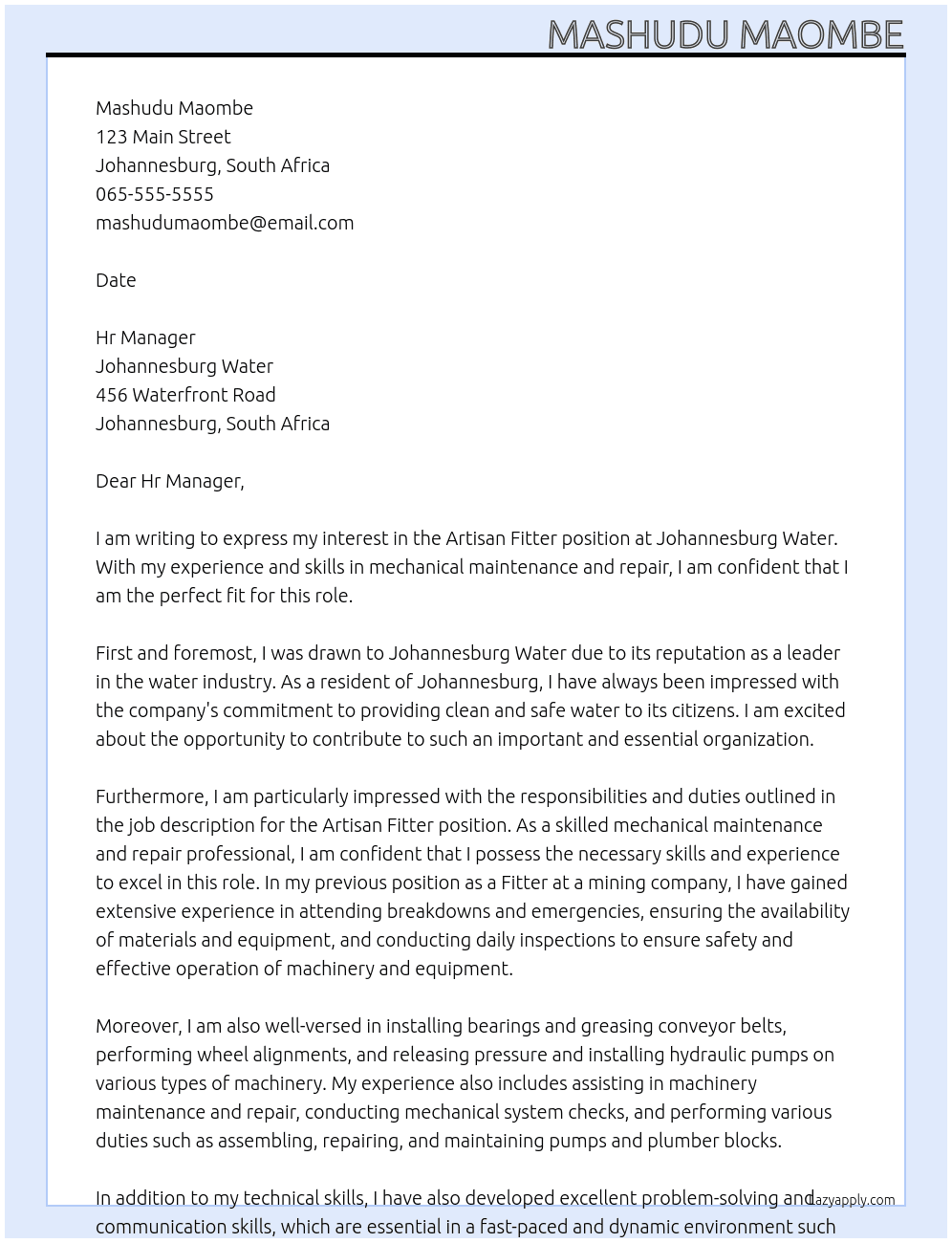Artisan Fitter  At Johannesburg Water Cover Letter