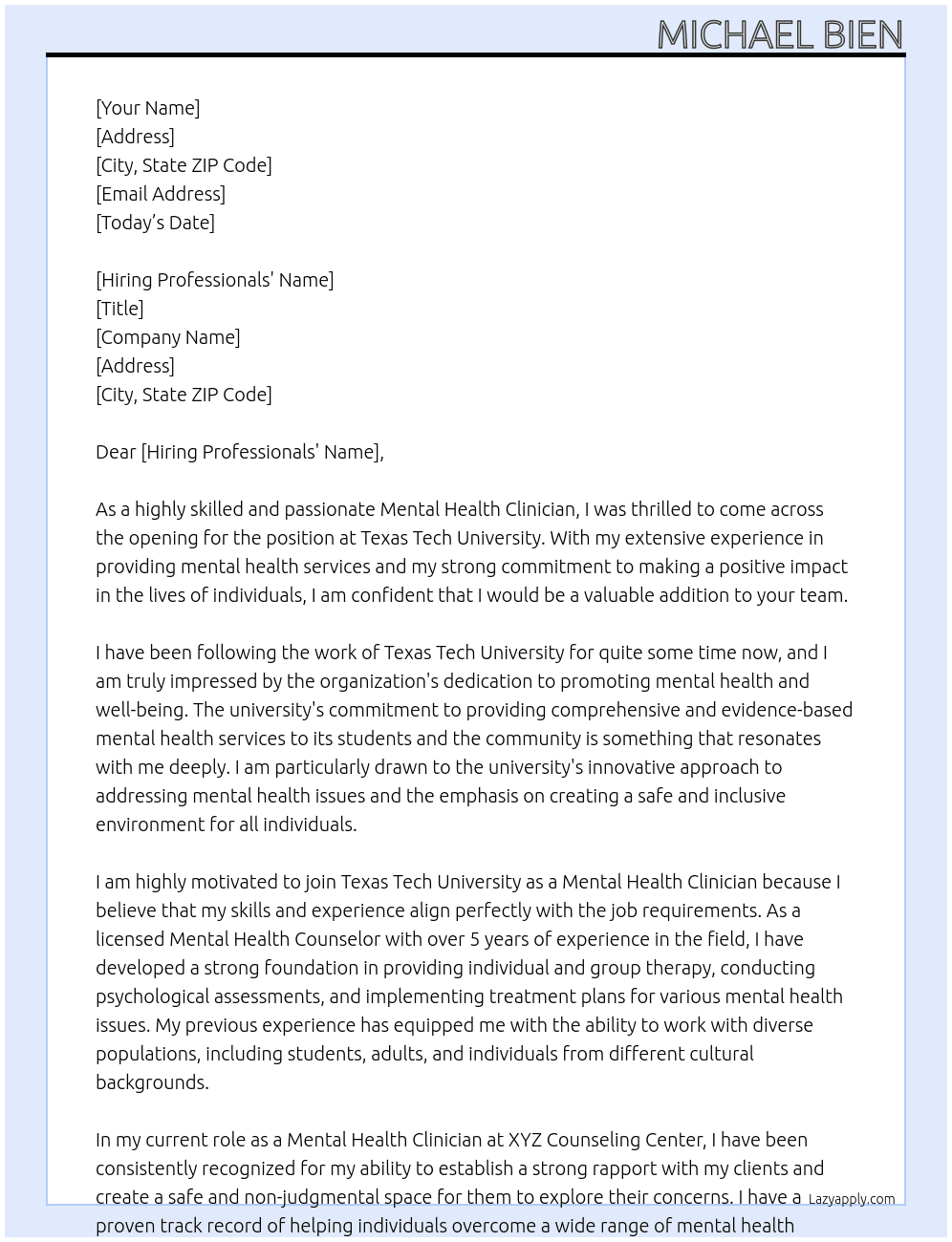 Mental Health Clinician At Texas Tech University Cover Letter