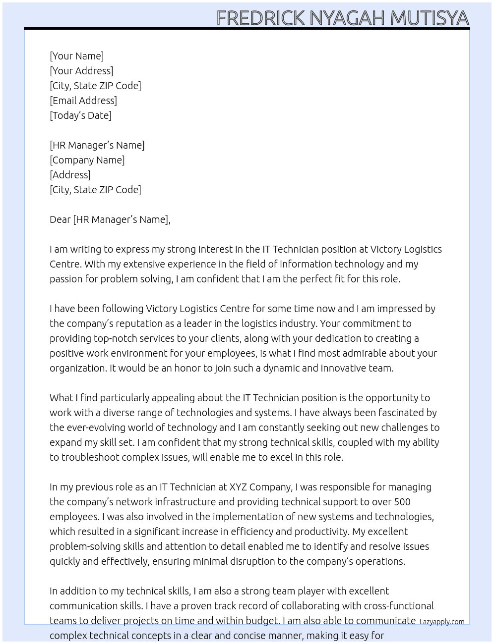 IT Technician At Victory Logistics Centre Cover Letter
