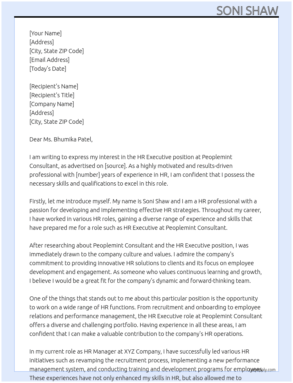 HR Executive At Peoplemint Consultant Cover Letter