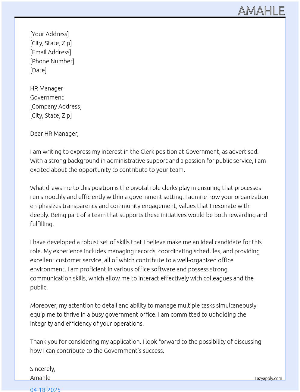 CLERK At GOVERNMENT Cover Letter