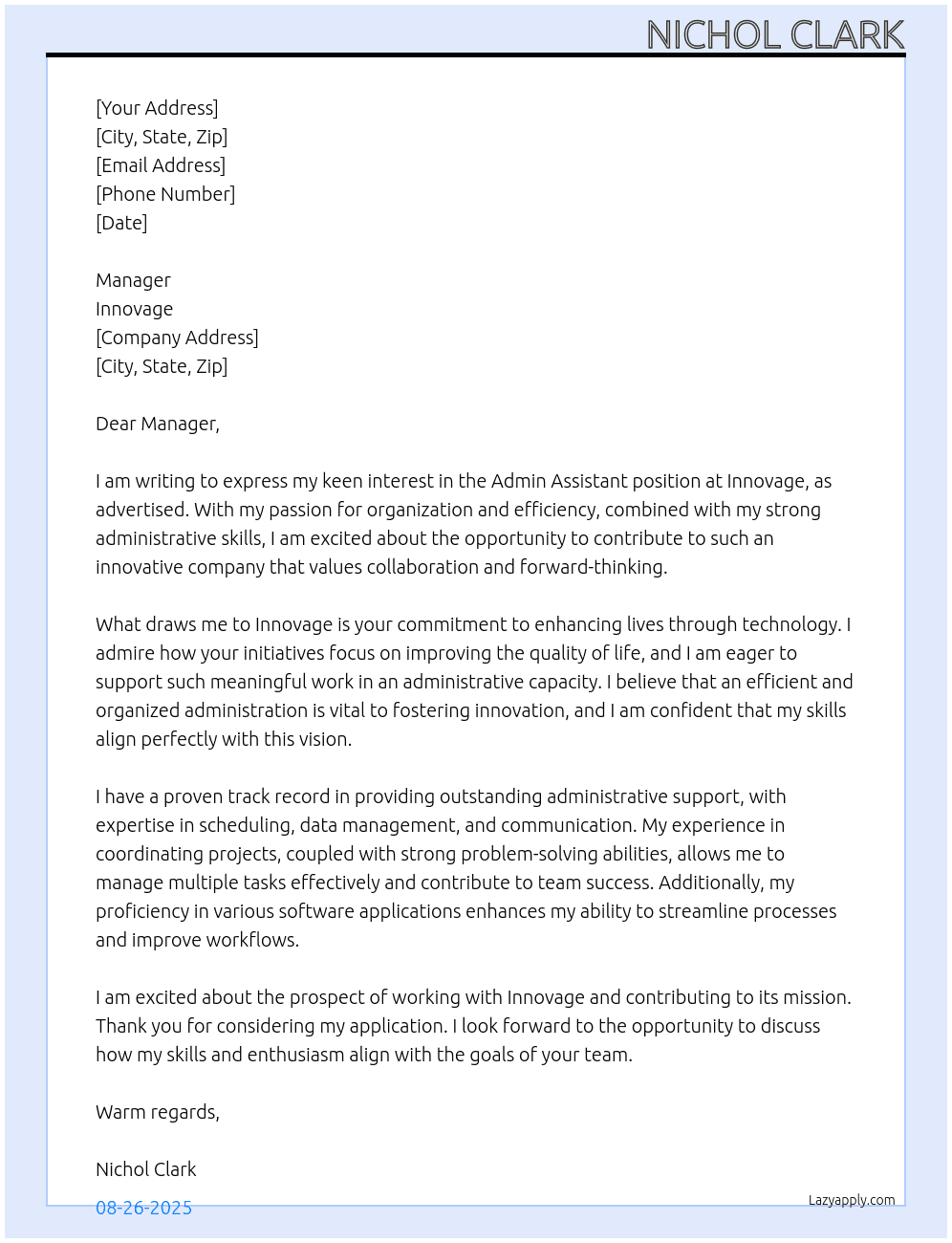 Cover letter for admin assist - LazyApply