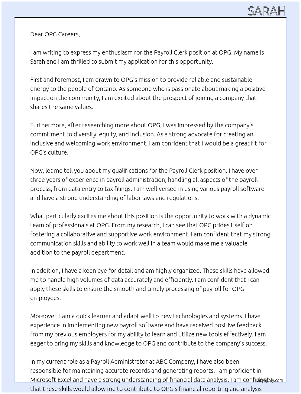 Payroll Clerk At OPG Cover Letter