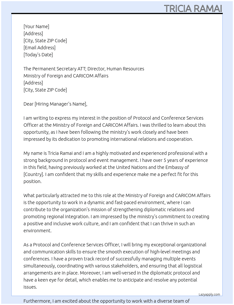 Cover letter for protocol and conference services officer - LazyApply
