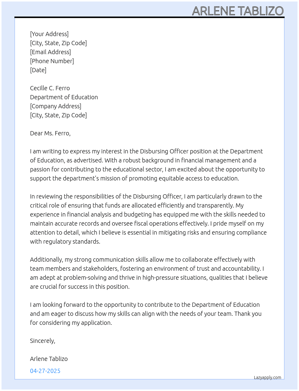 Disbursing officer At department of education Cover Letter