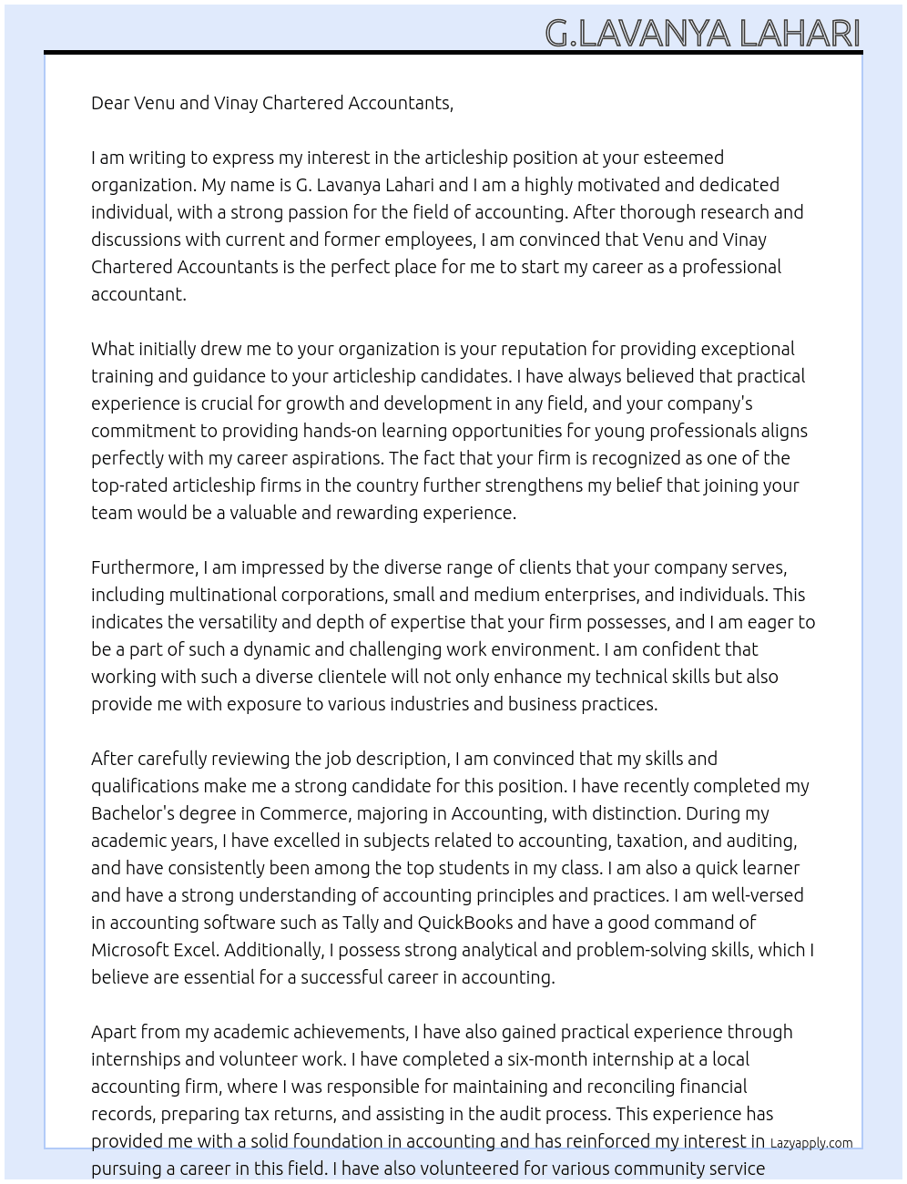articleship At venu and vinay chartered accountants Cover Letter