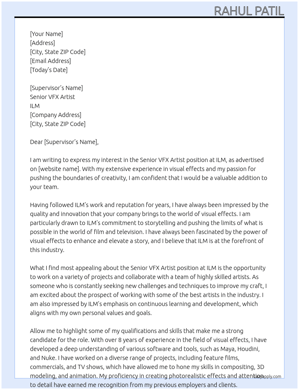Senior VFX Artist At ILM Cover Letter