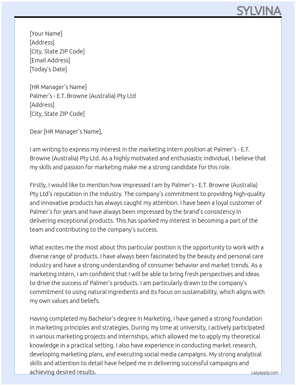 marketing intern At Palmer's - E.T. Browne (Australia) Pty Ltd Cover Letter