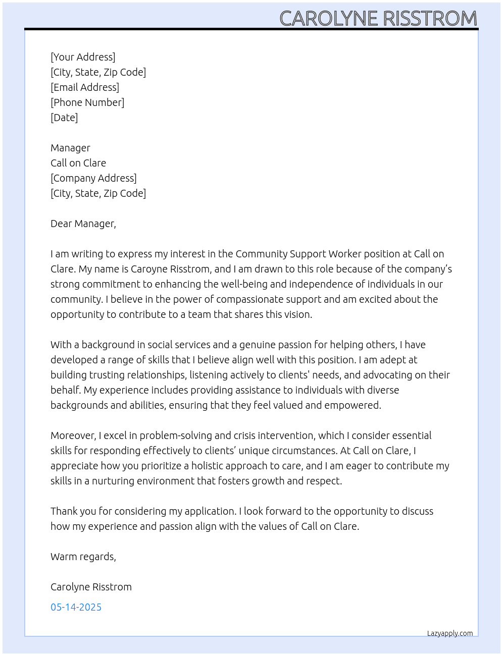 community support worker At call on clare Cover Letter