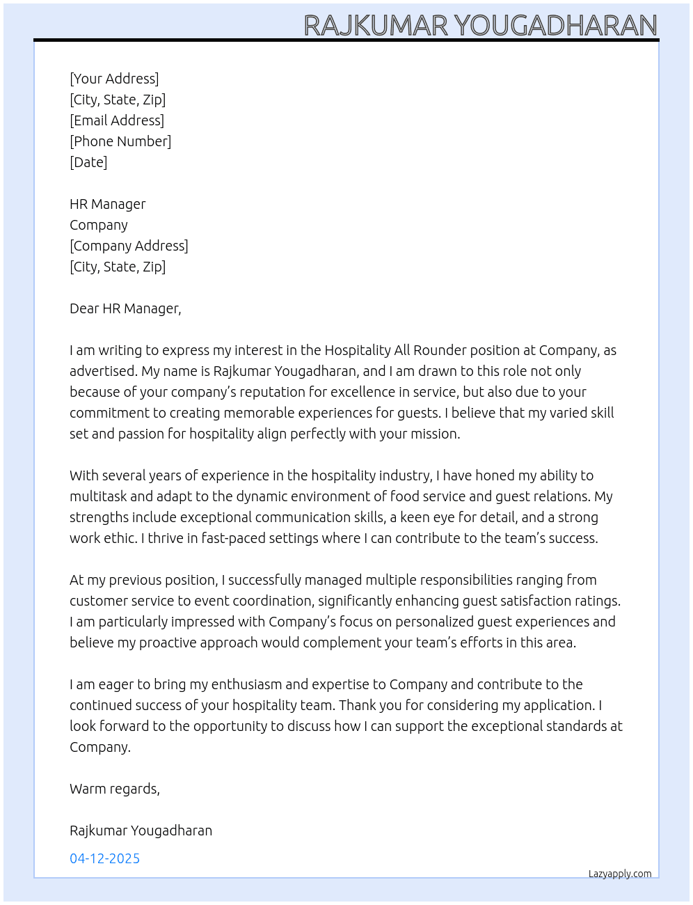 Cover letter for hospitality all rounder - LazyApply