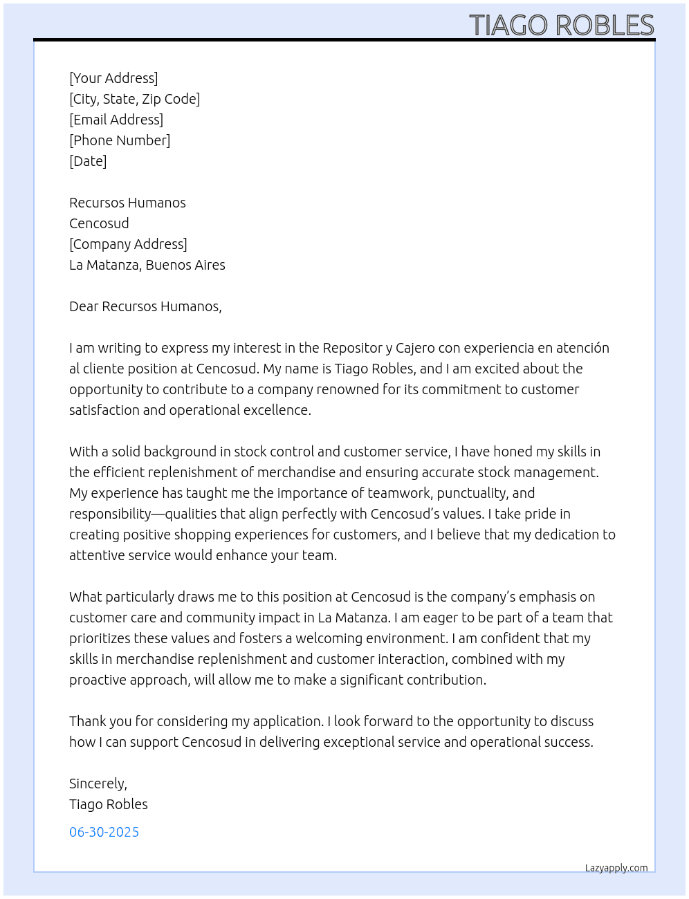 Repositor y cajero con experiencia en atención al cliente At Cencosud Cover Letter