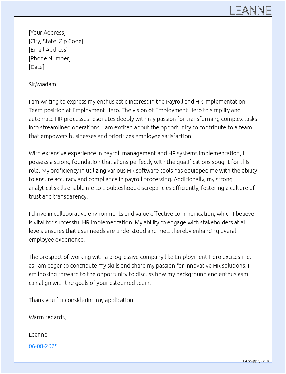 Payroll and HR implementation team At Employment Hero Cover Letter