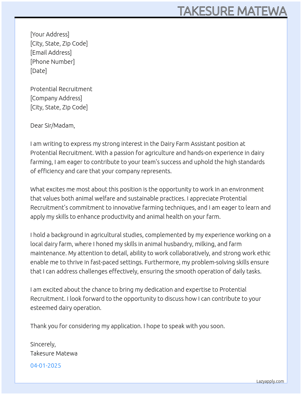 Dairy Farm Assistant  At Protential Recruitment  Cover Letter