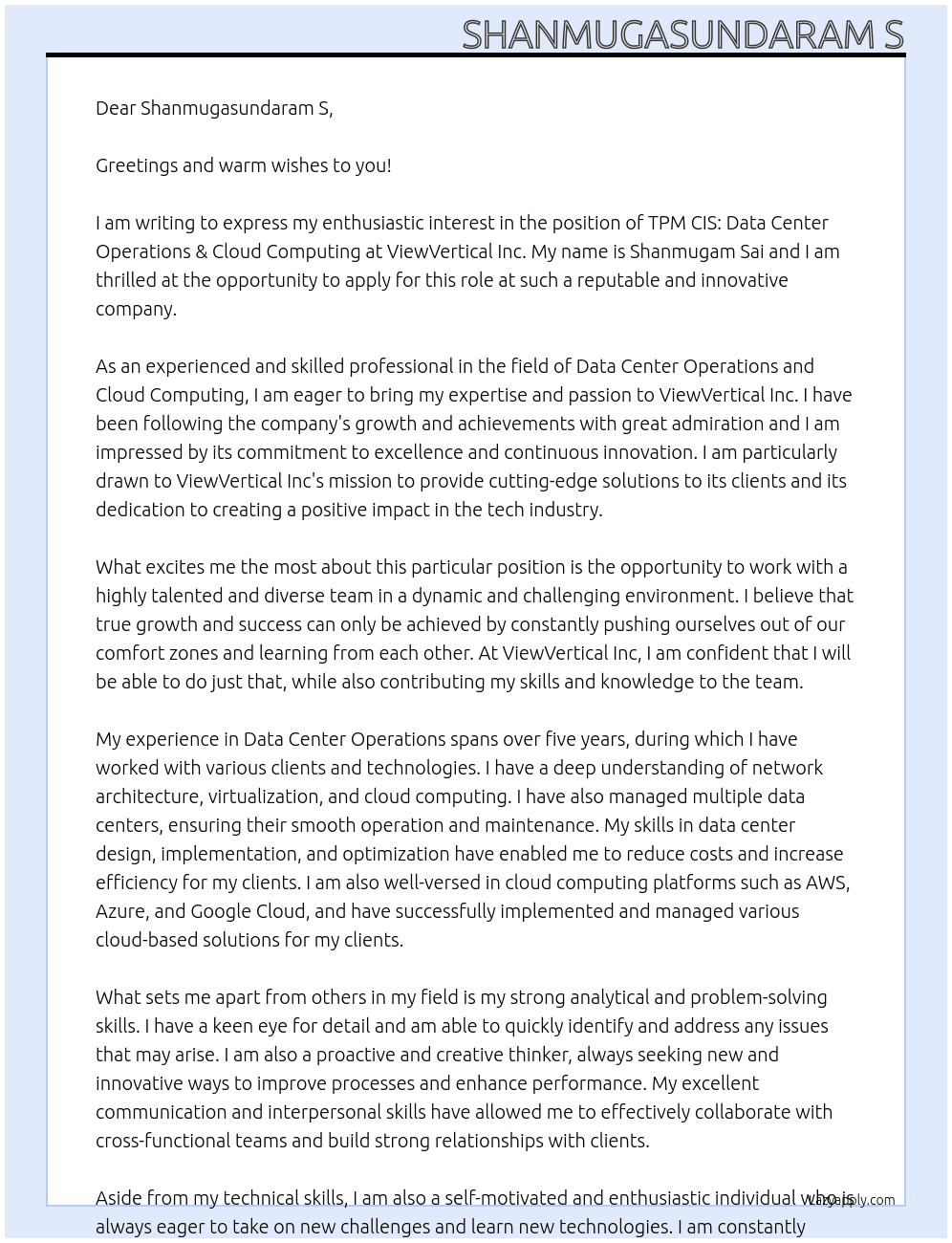TPM CIS: Data Center Operations & Cloud Computing At ViewVertical Inc Cover Letter