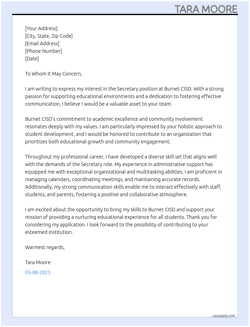 Secretary At Burnet CISD Cover Letter