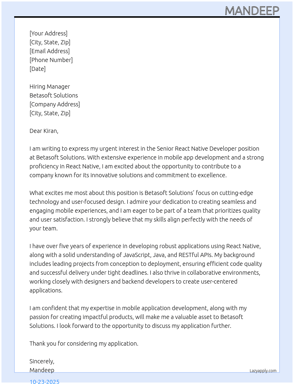 Cover letter for senior react native developer - LazyApply