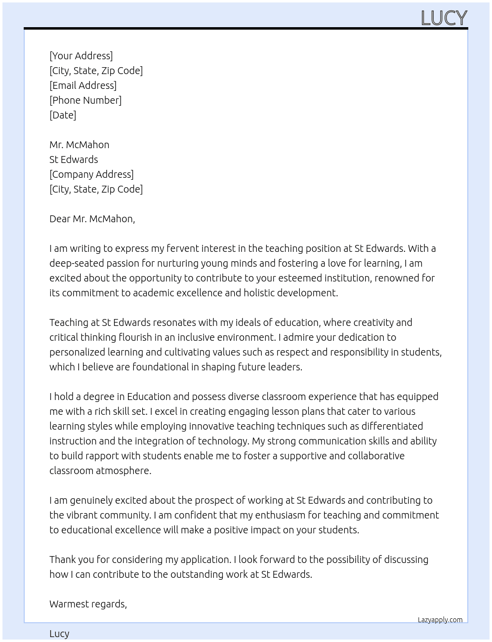 teacher At St Edwards Cover Letter