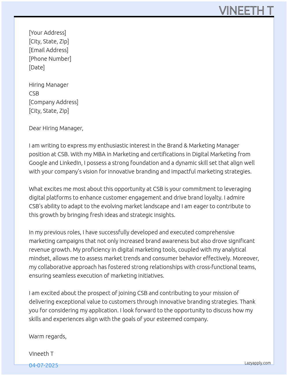 BRAND & MARKETING MANAGER At CSB Cover Letter