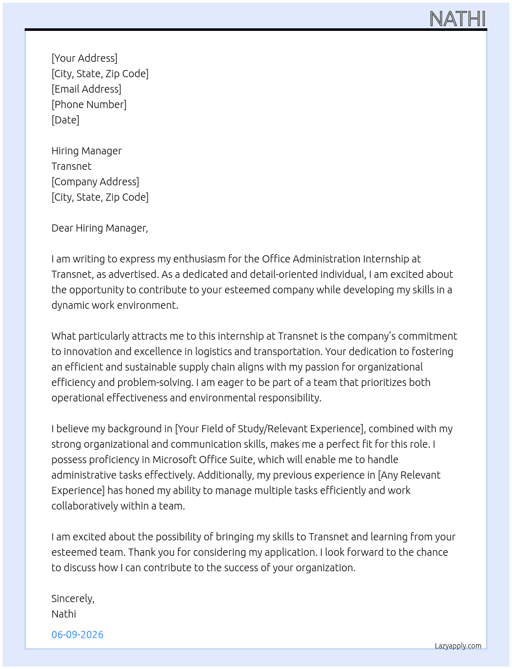 Office Administration Internship At Transnet Cover Letter