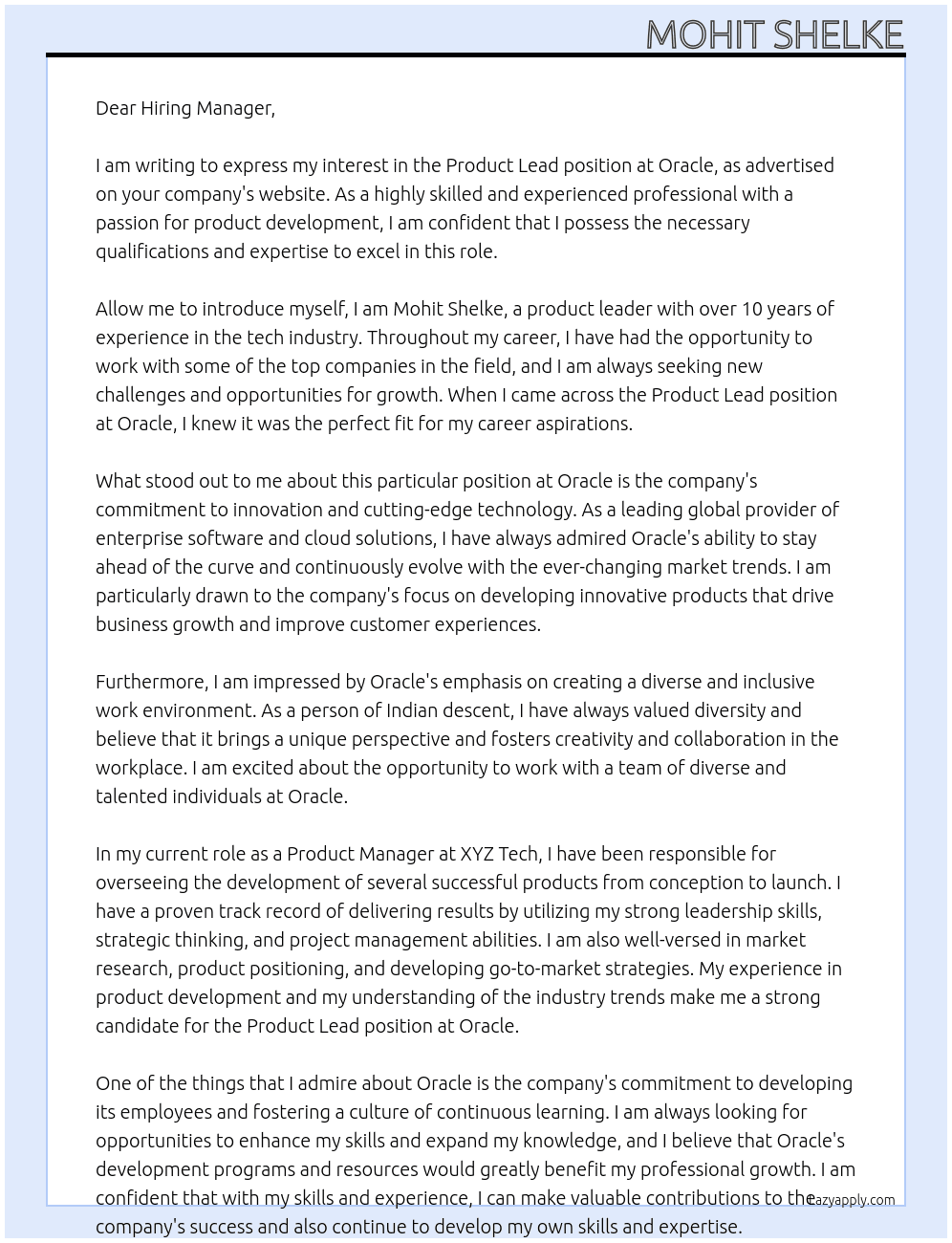 Cover letter for product lead - LazyApply