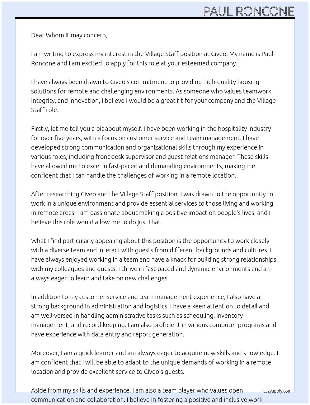 Village Staff At Civeo Cover Letter