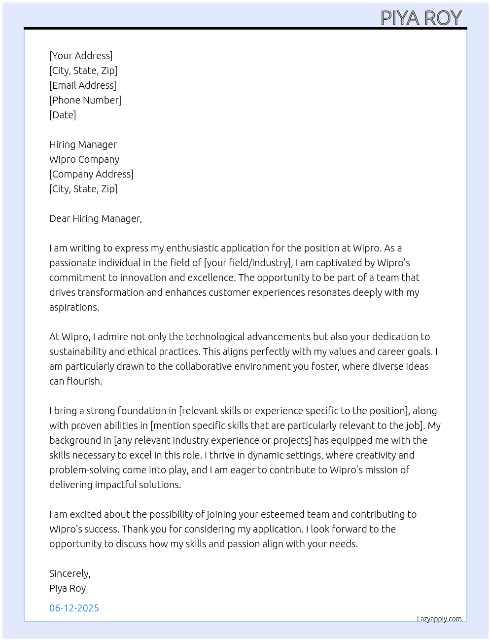 Wipro At Wipro company  Cover Letter
