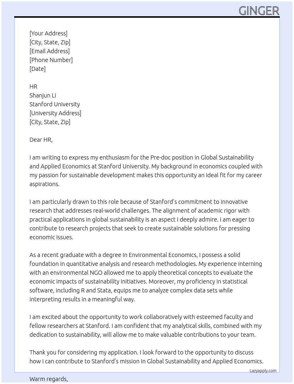 Pre-doc in Global Sustainability and Applied Economics At Shanjun Li, Stanford University Cover Letter