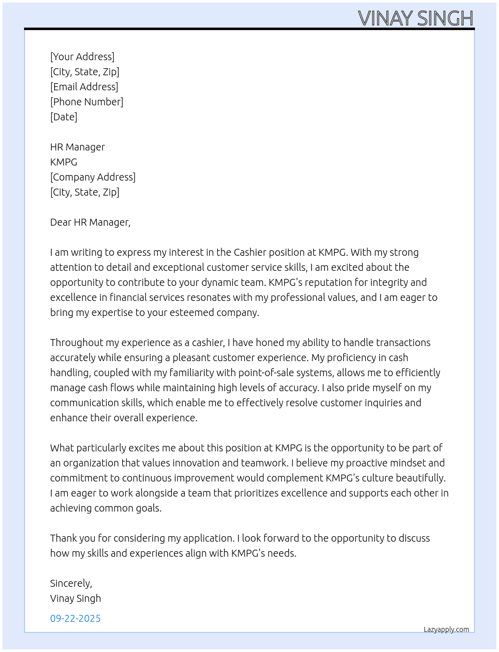 Cashier At KMPG Cover Letter