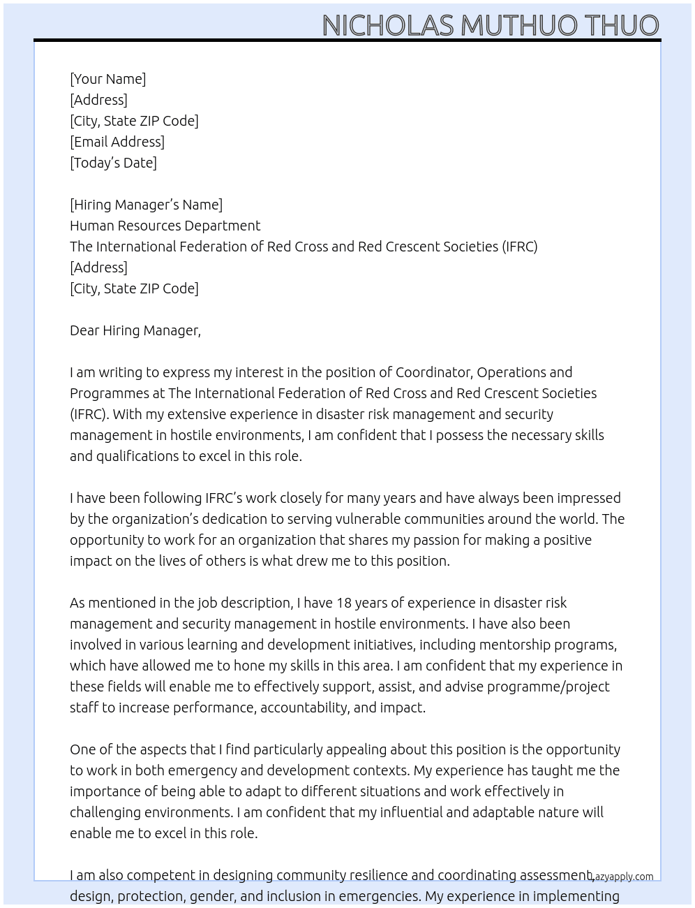 Cover letter for coordinator, operations and programmes - LazyApply