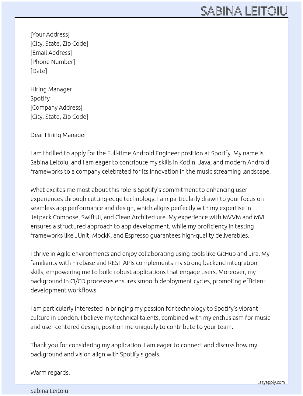 Cover letter for android engineer - LazyApply