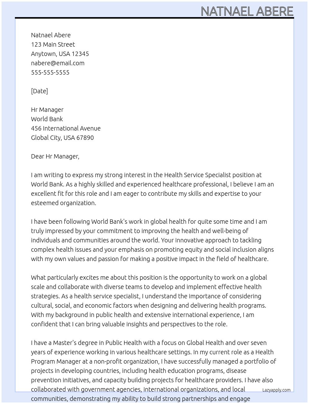 Cover letter for health service specialist - LazyApply
