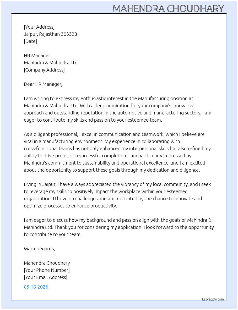 Manufacturing At Mahindra s Mahindra ltd Cover Letter