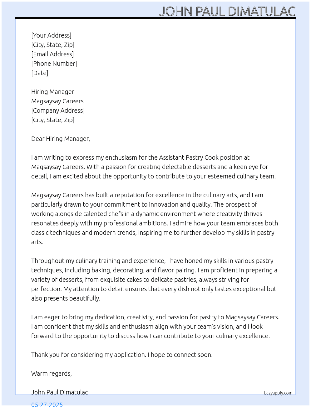 assistant pastry cook At Magsaysay Careers Cover Letter
