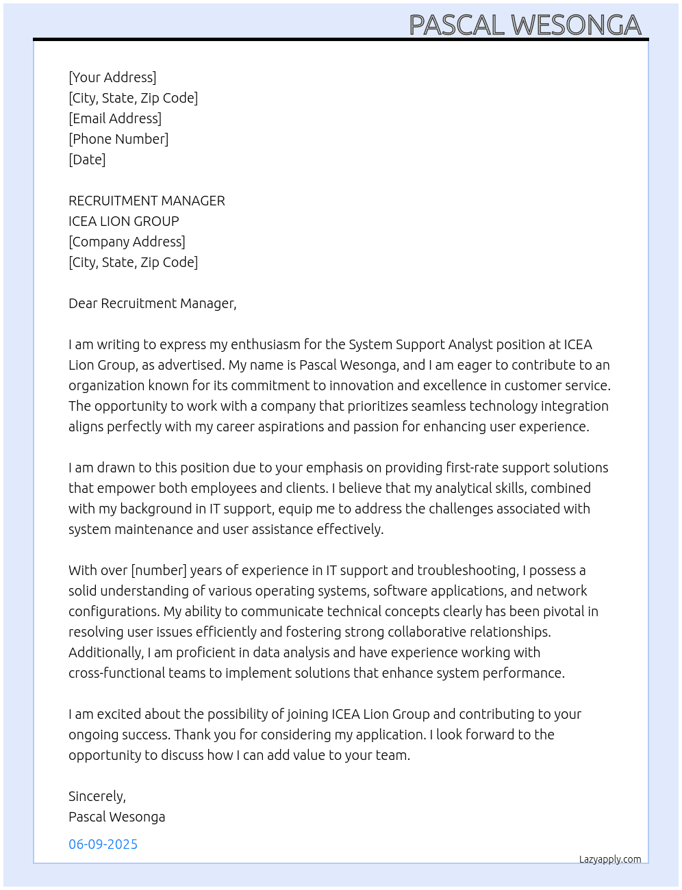 Cover letter for system support analyst - LazyApply