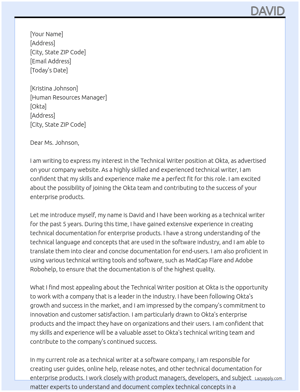 Technical Writer At Okta Cover Letter