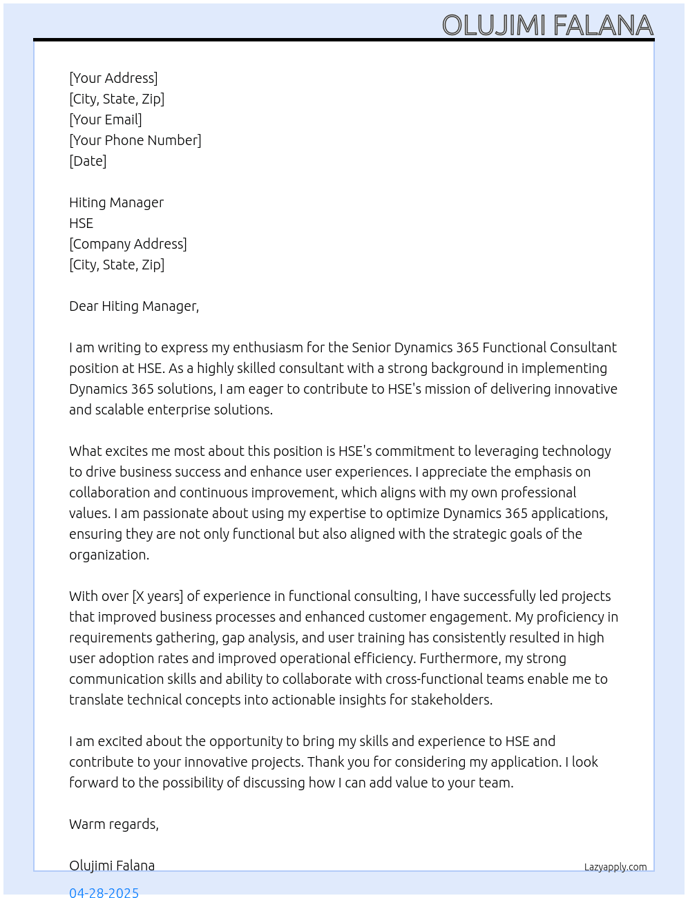 Senior Dynamics 365 Functional Consultant At HSE Cover Letter