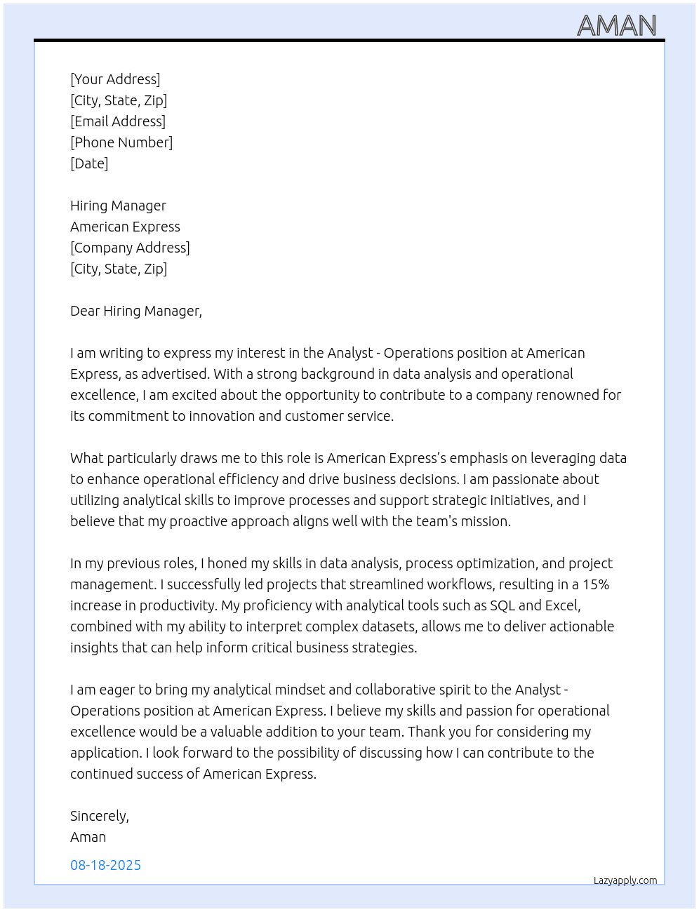 Cover letter for analyst - operations - LazyApply